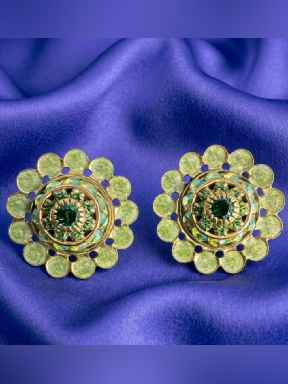 Liz Palacios Vintage Signed Green Enamel Clip On Earrings Swarovski Crystal